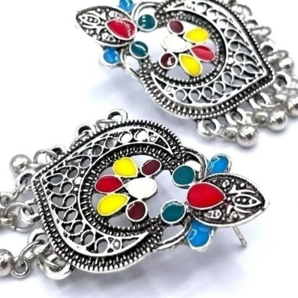 Silver with Multicolored Oil Drip Boho Dangling Drop Post Back Earrings